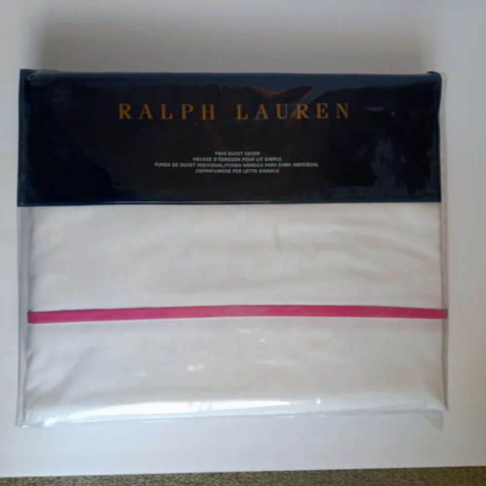 NEW Ralph Lauren TWIN Palmer Percale Duvet Cover White with Pink Trim